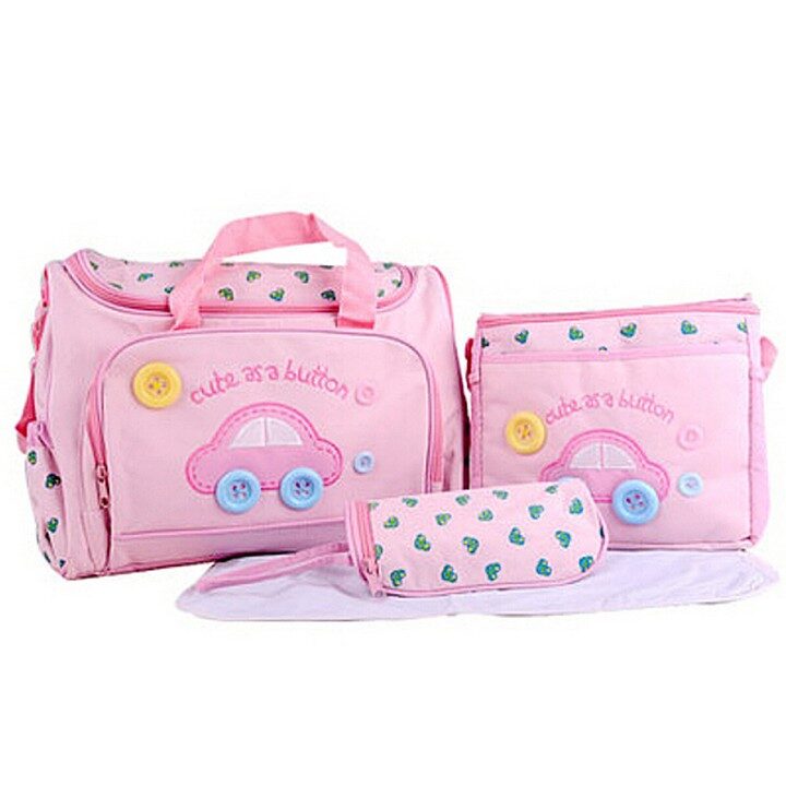Baby Diaper Bag - Car with Button - Set of 4 in Pink